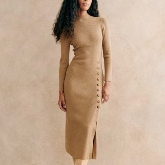 ✨ SALE✨Sezane Harper Midi Knit Dress - Camel Beige Tan Wool Blend French Holiday - Picture 2 of 9